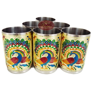 Royal Peacock Designed Serving Tray with Matching 6-Glasses Set- Stainless Steel G.M.